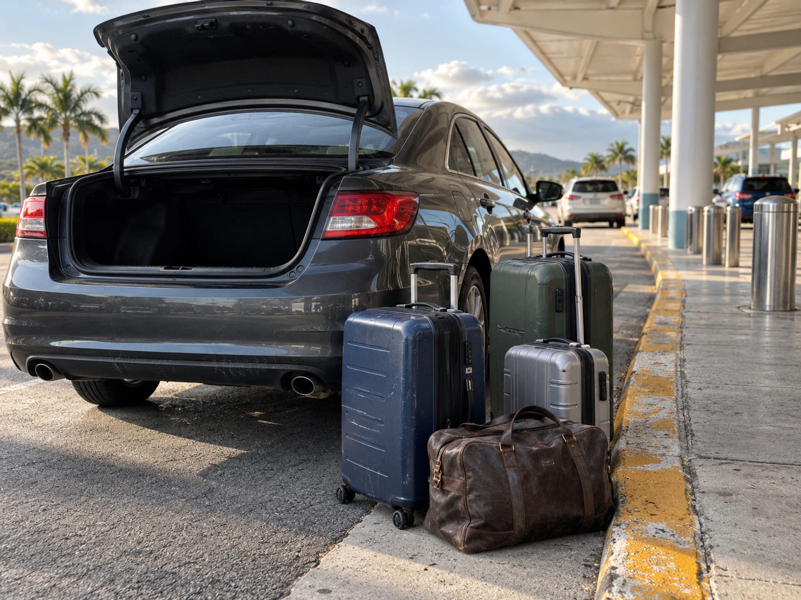 Luggage loaded beside a car at an airport pickup area