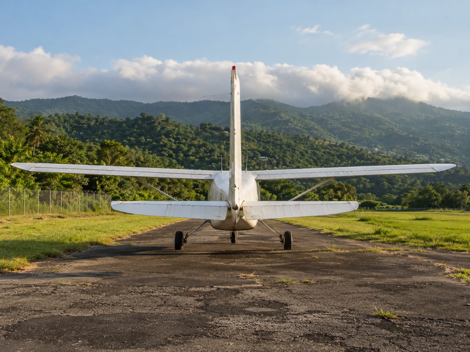 A small aircraft on a runway beside green hills
