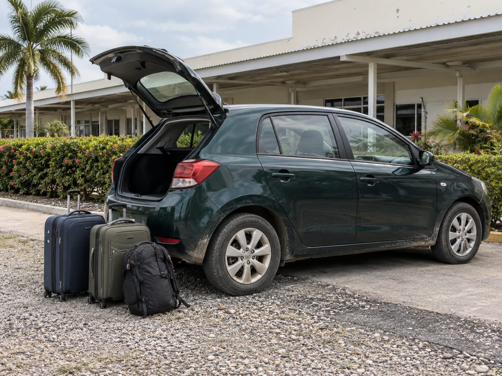 Luggage beside a car outside a small airport terminal