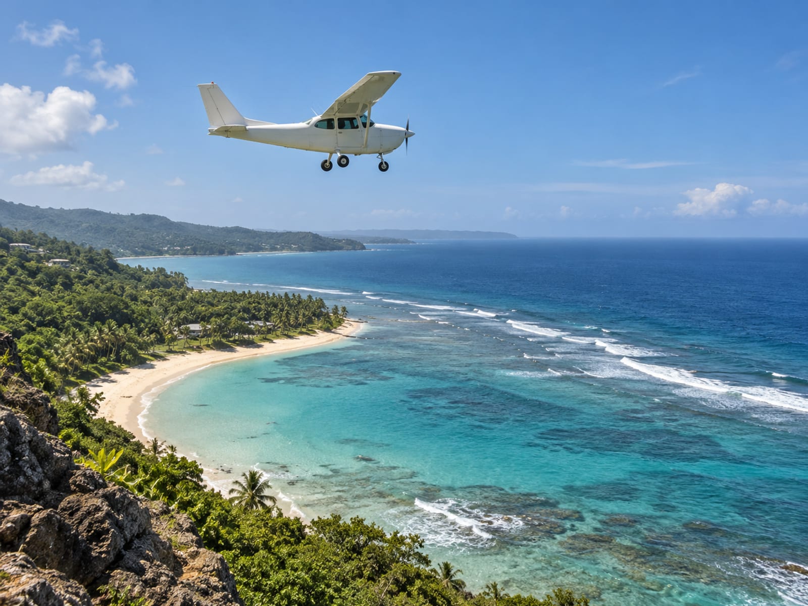 A small plane flying over the coast of western Jamaica