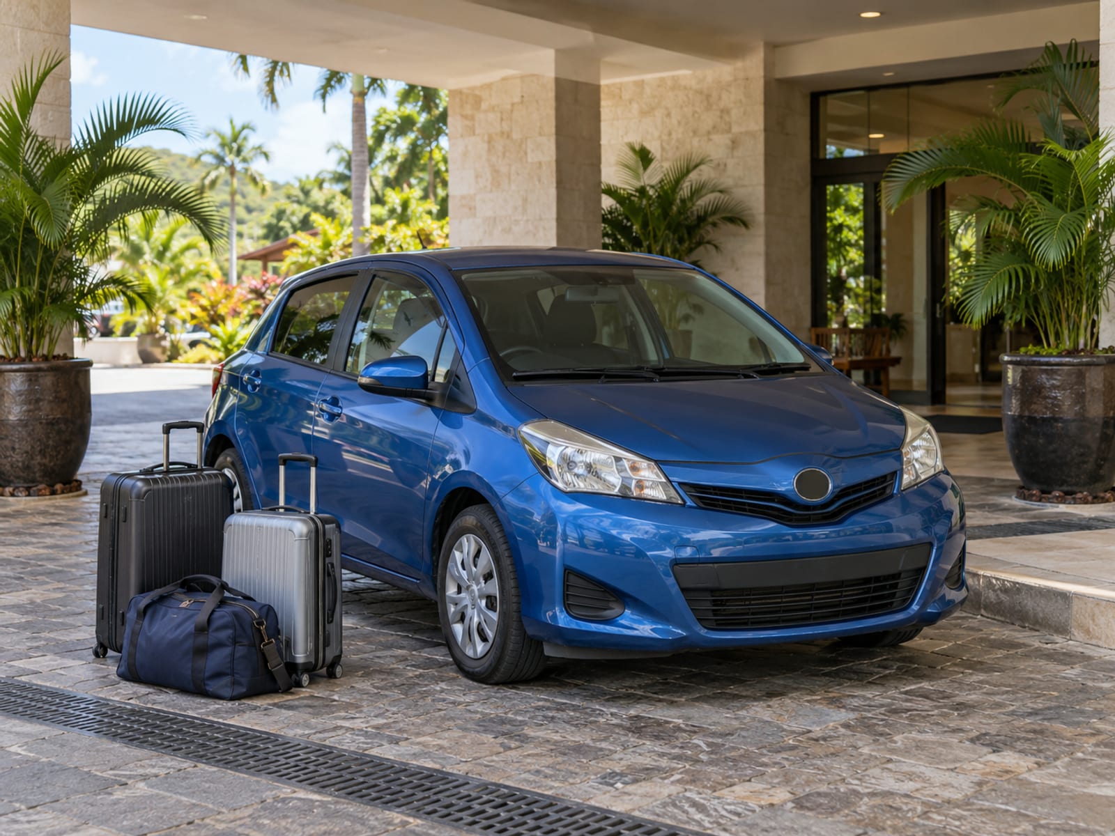 A hire car parked outside a hotel with luggage beside it