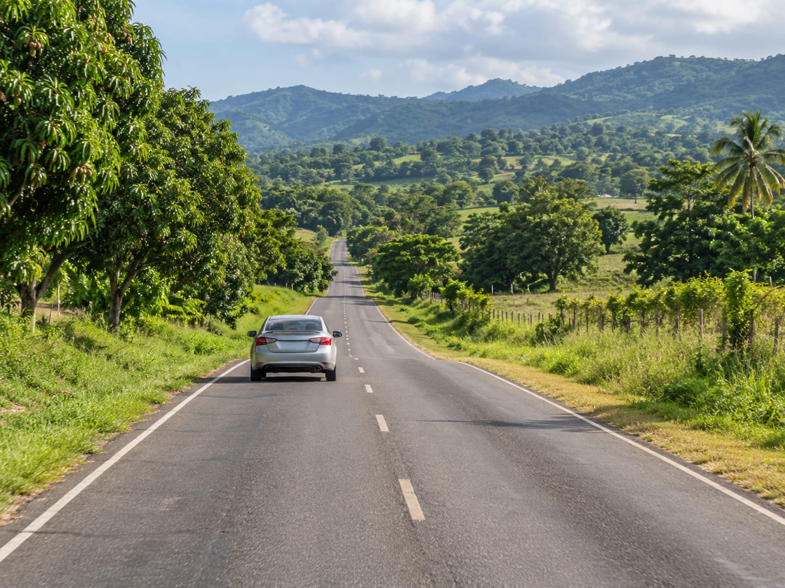 A road in Jamaica with a car driving on the left