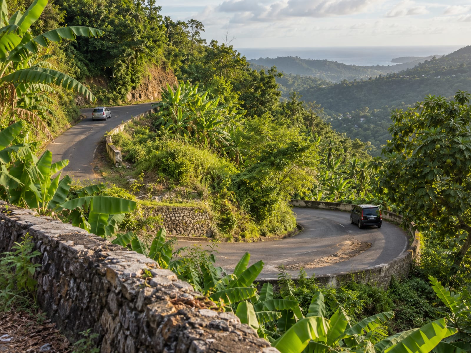 A winding rural road through hills in Jamaica