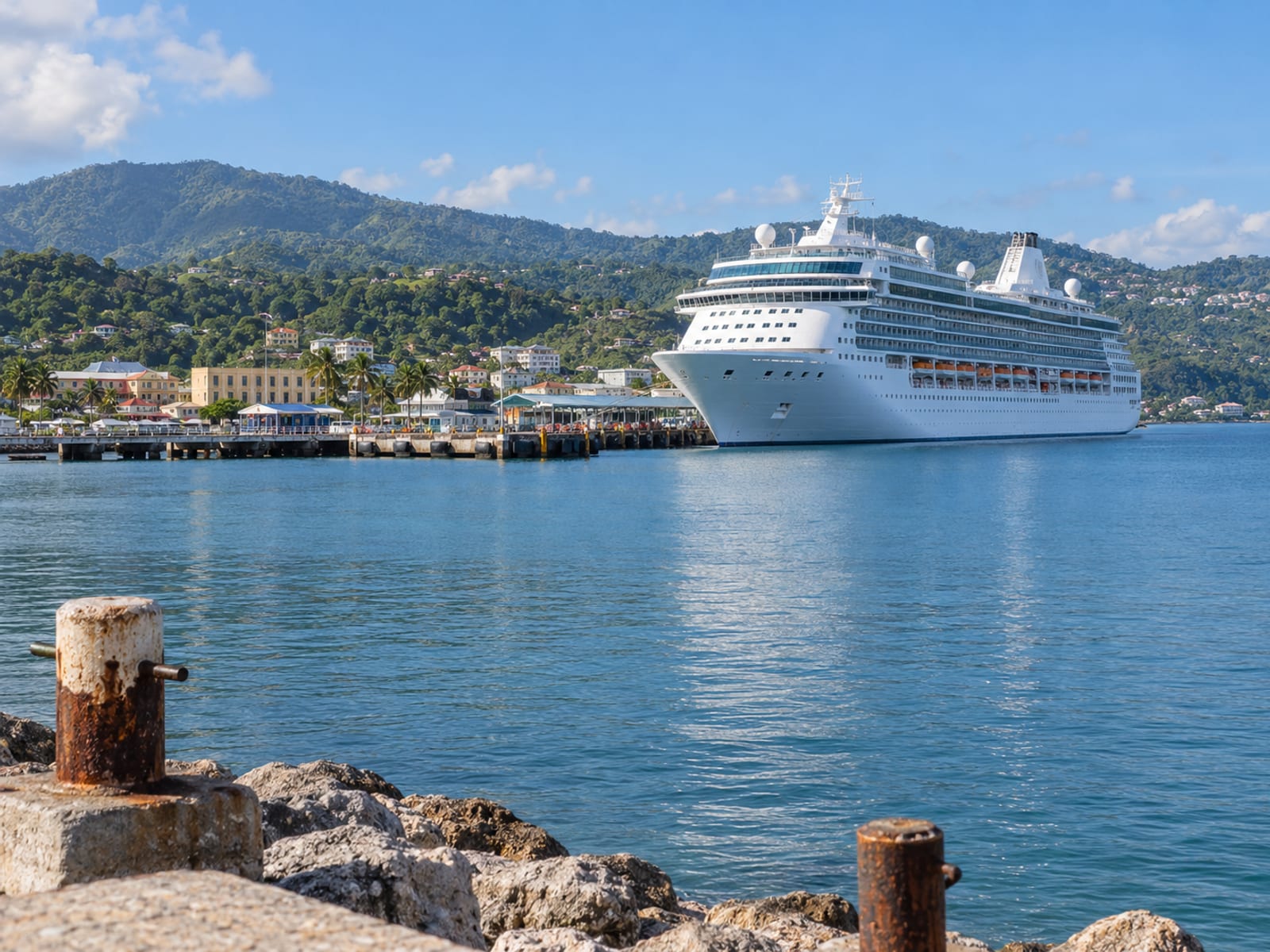 A cruise ship berthed beside a harbour town on Jamaica’s north coast
