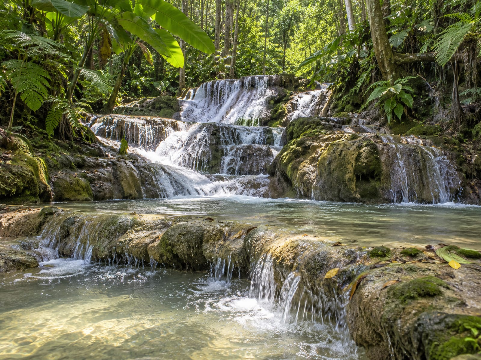 A waterfall flowing over rocks through tropical forest
