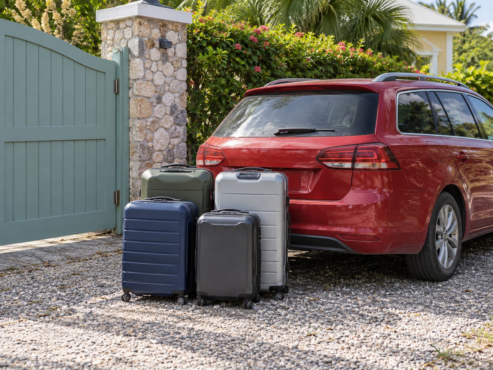 Luggage beside a car outside a villa entrance