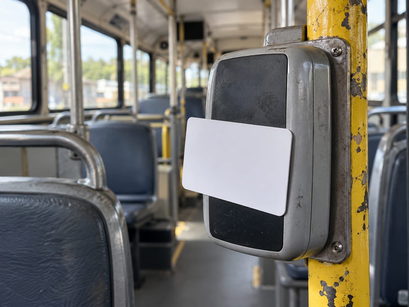 A contactless payment card held up to a bus reader