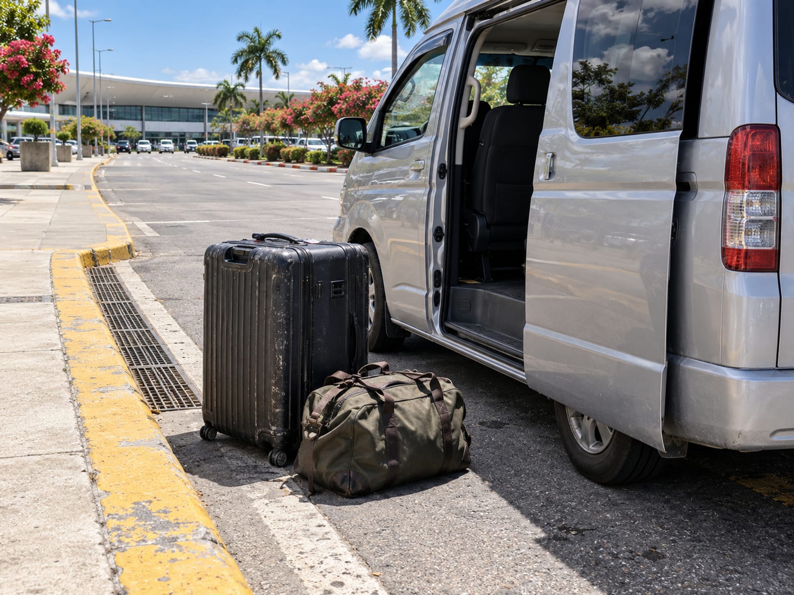 Luggage loaded beside a car at an airport pickup area
