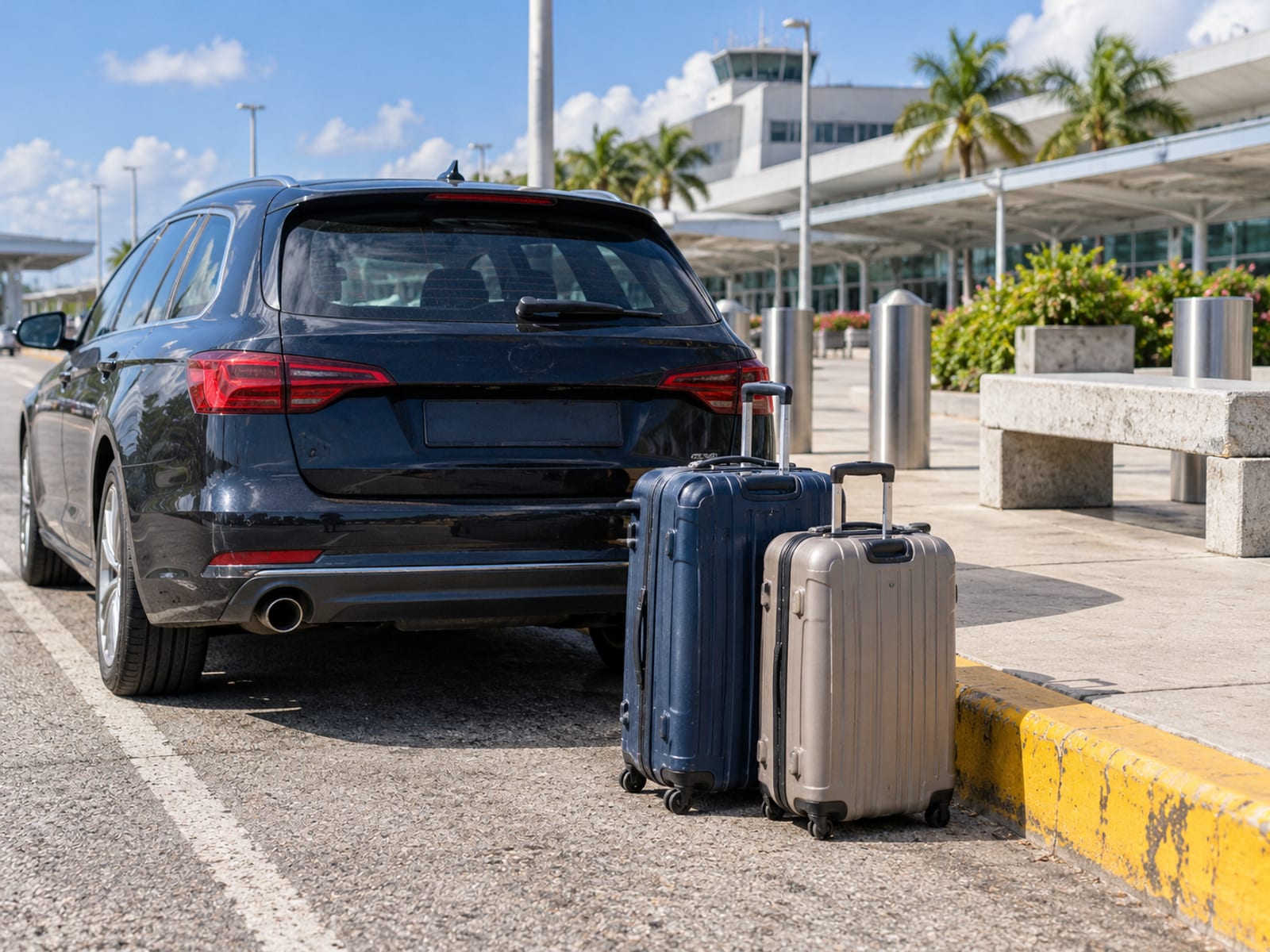Suitcases waiting beside a car at an airport pickup area