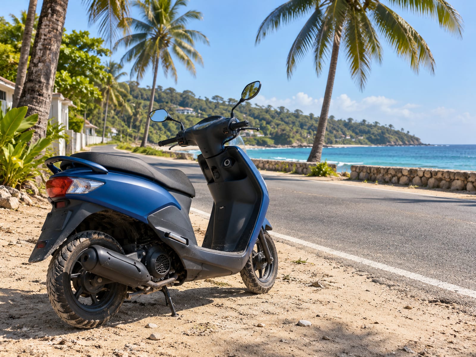 A rental scooter parked beside a beach road