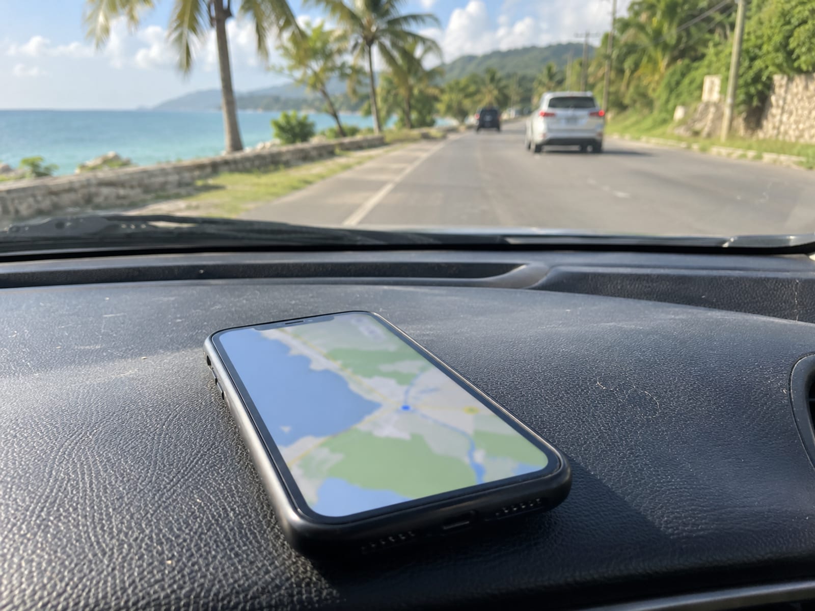 A phone showing a map beside a road with passing traffic