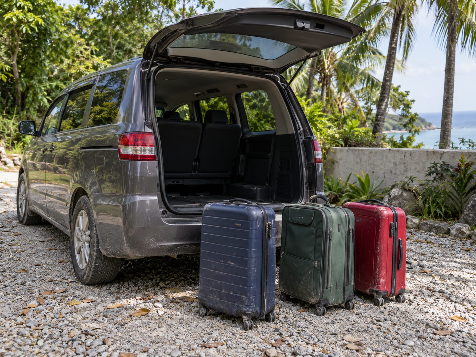 A minivan with the rear door open and luggage beside it