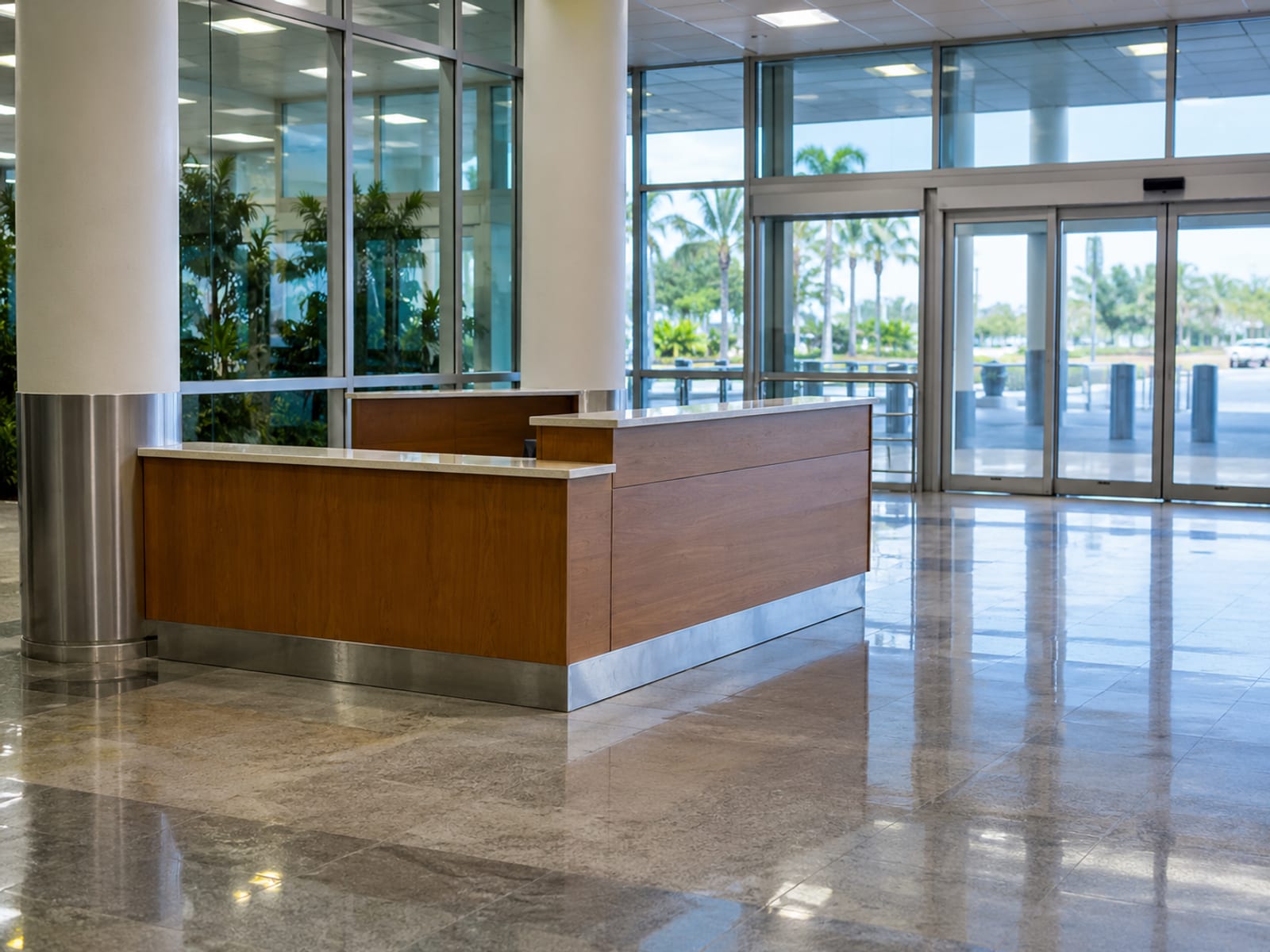 An airport arrivals hall with a taxi desk