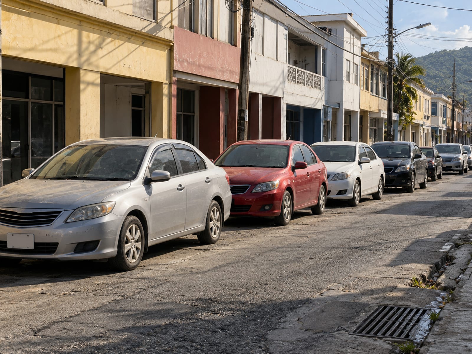 A line of taxis along a busy town street