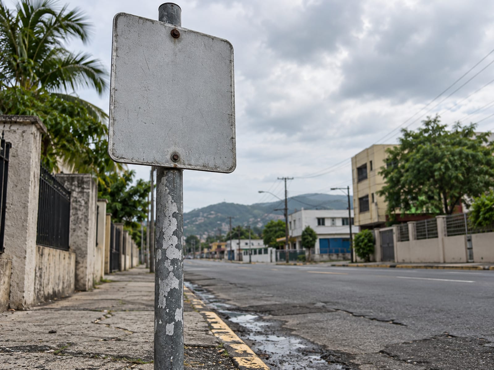 A bus stop sign beside a city road