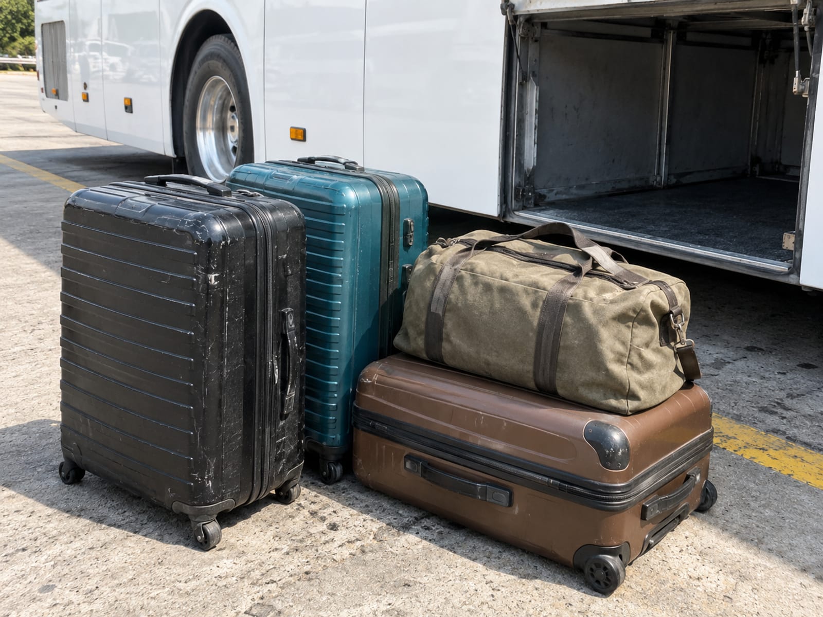 Suitcases stacked beside the side of a coach