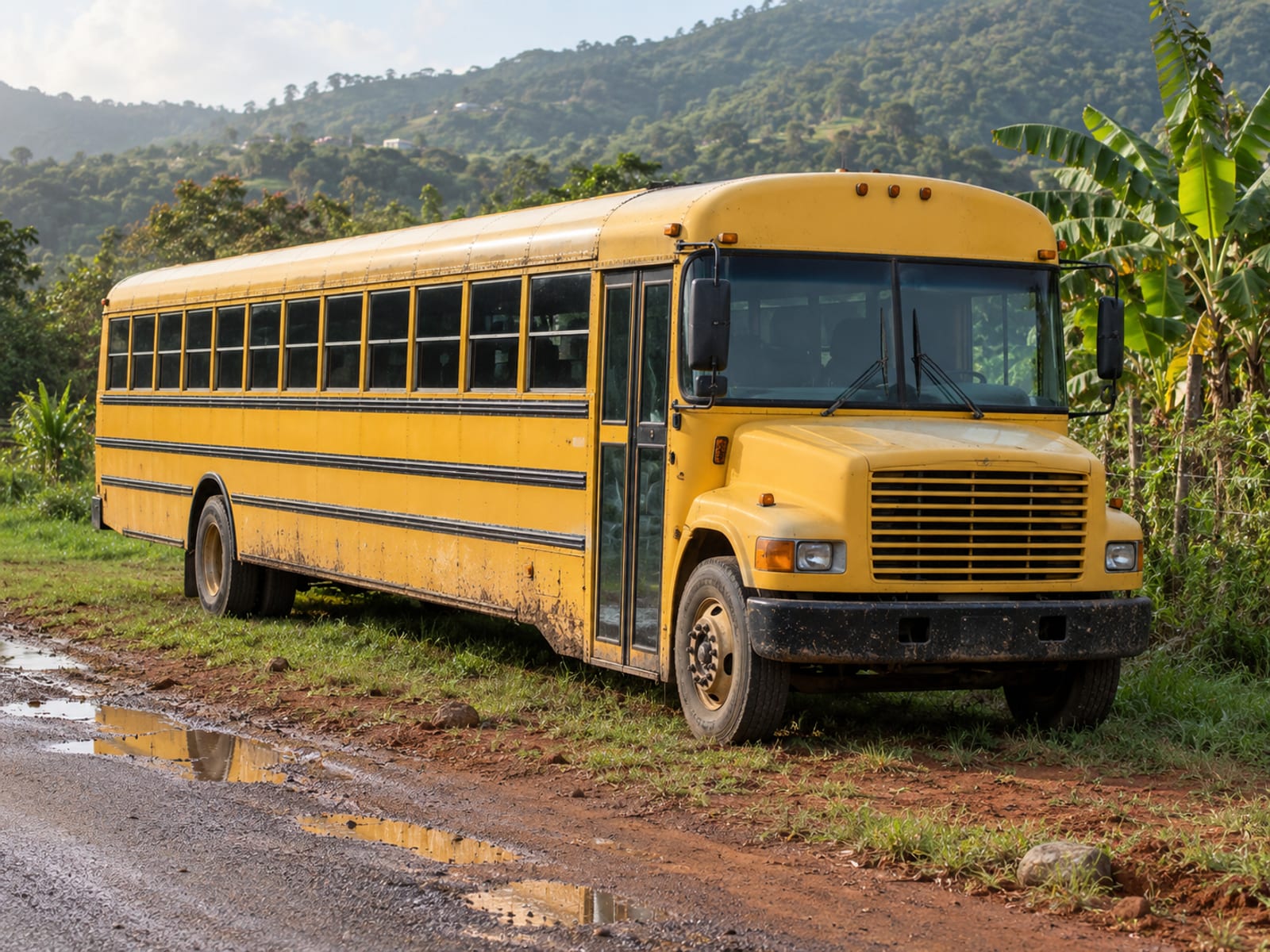 A school bus parked beside a rural road