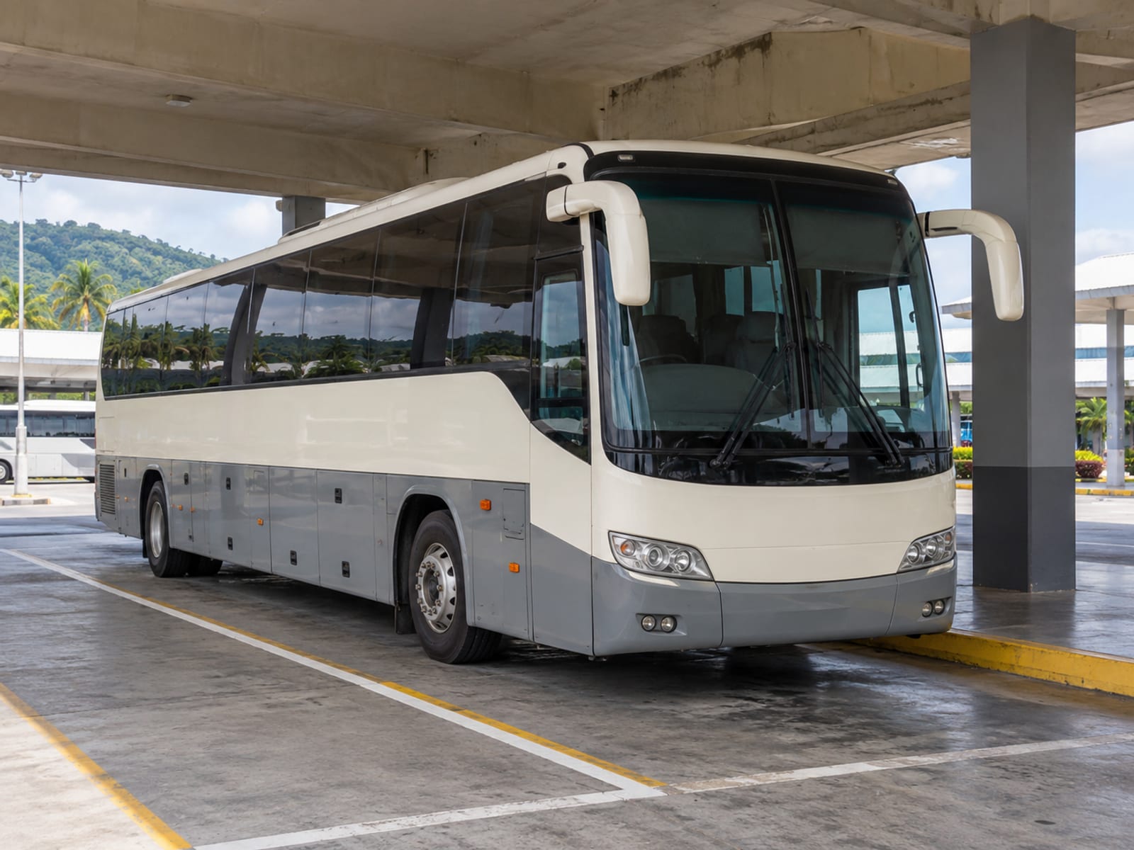 A coach parked at a bus terminal