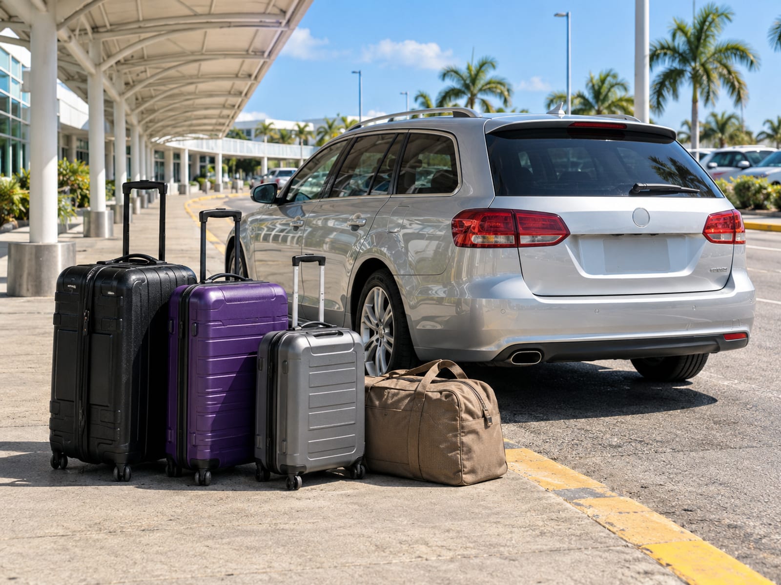 Luggage loaded beside a car at an airport pickup area