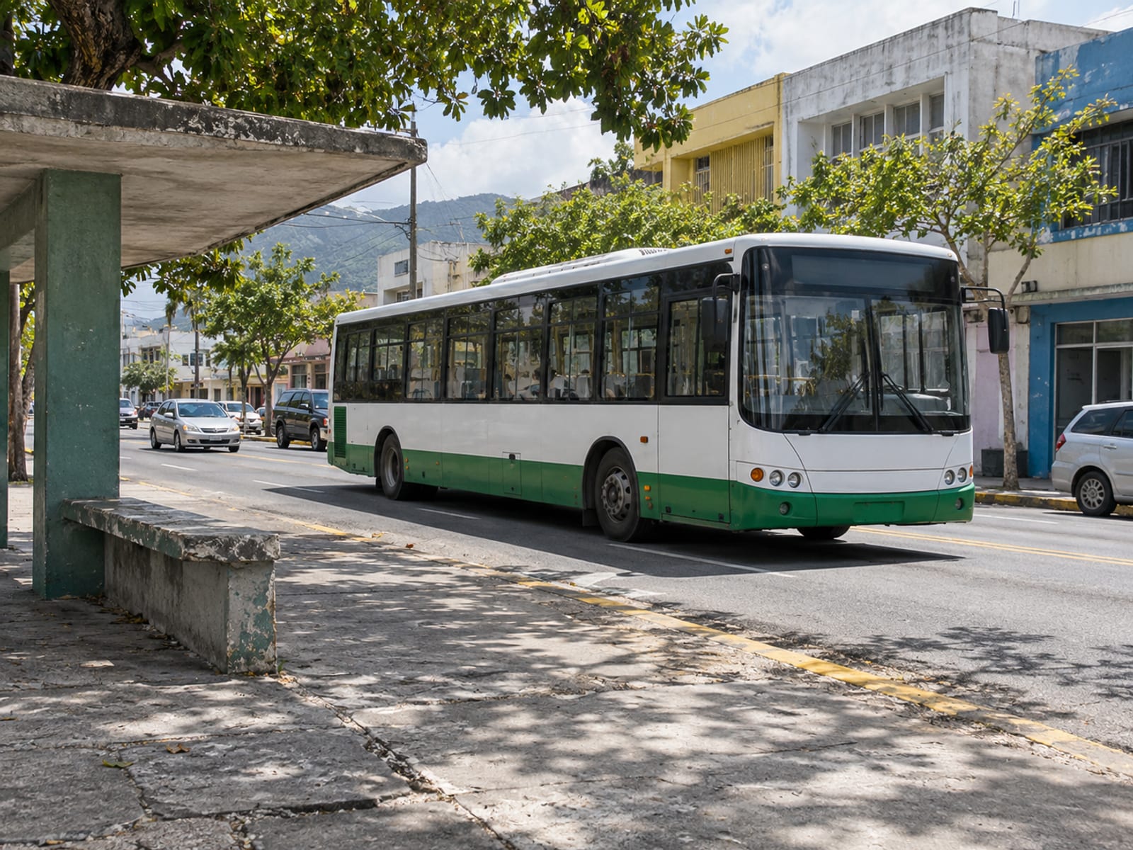 A plain city bus stopped at a roadside bus stop