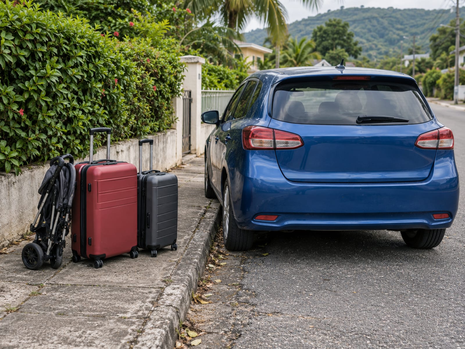 Luggage and a folded stroller beside a car