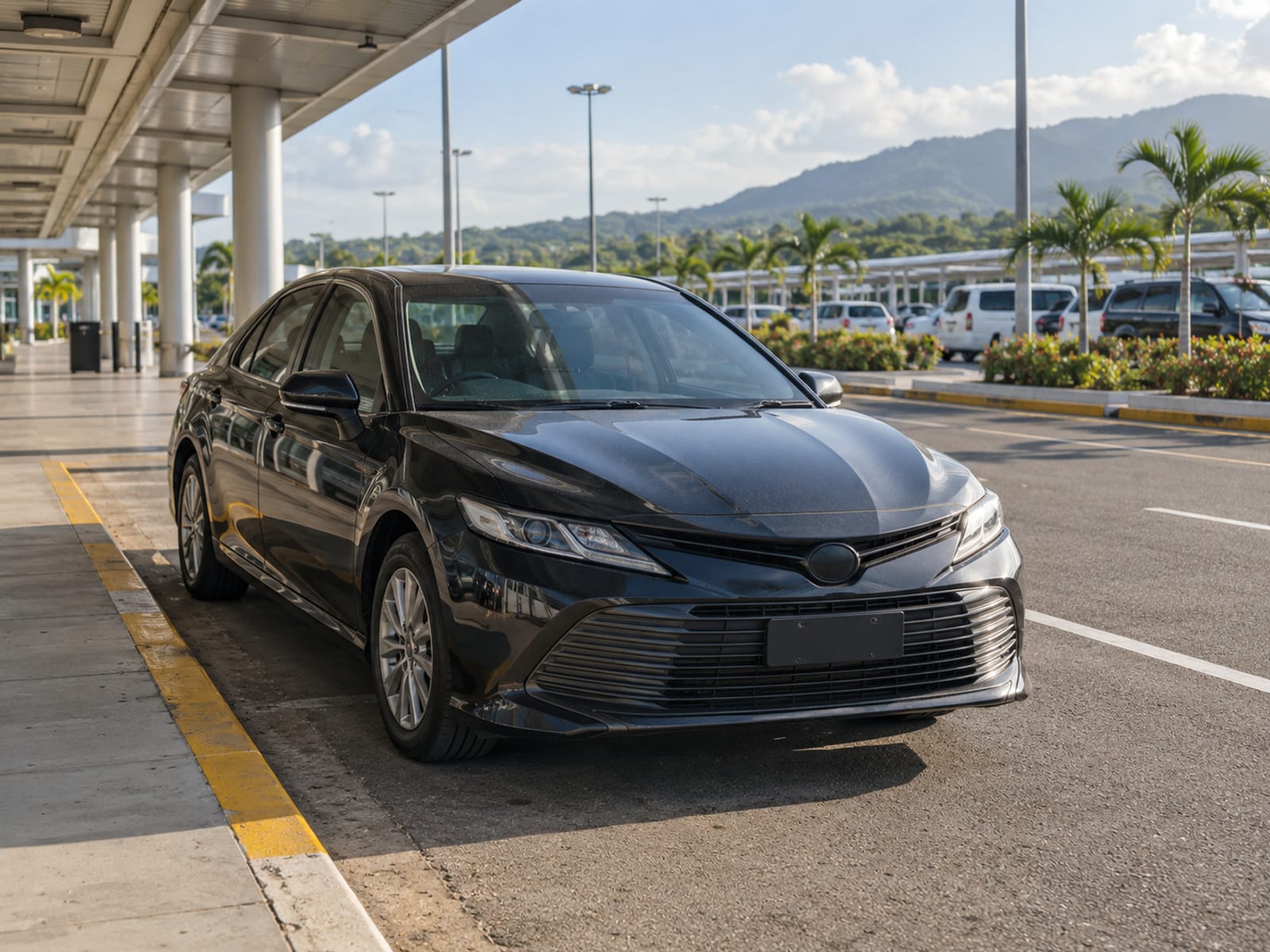 A private car waiting at an airport pickup area