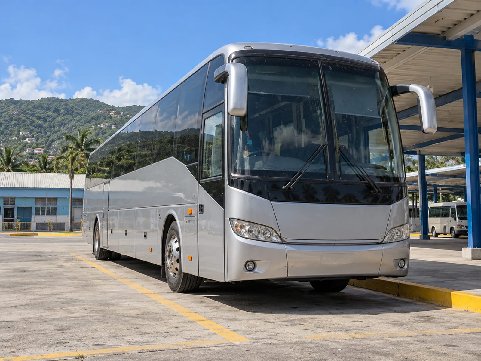 A long-distance coach parked at a terminal ready to depart