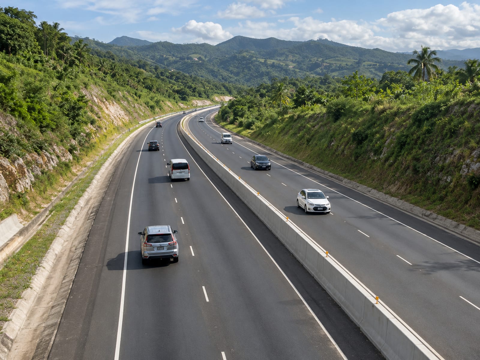 A toll highway running through green hills