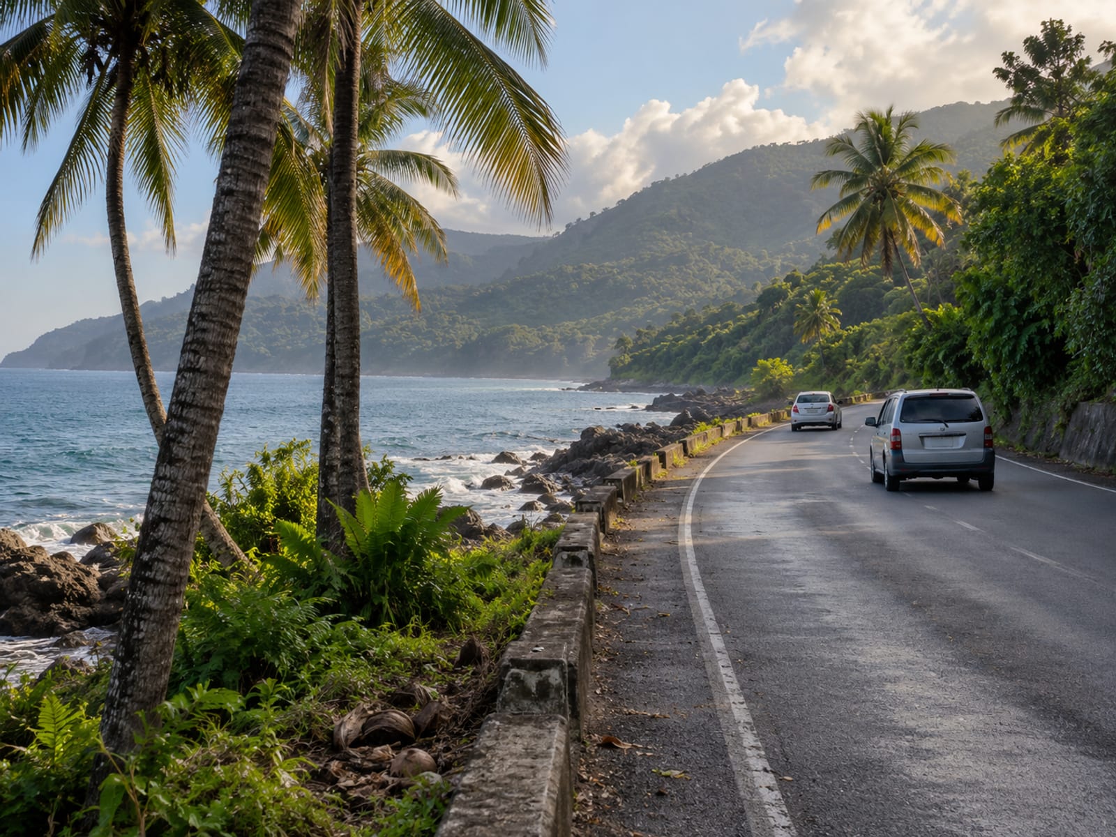 A coastal road through eastern Jamaica with the sea on one side
