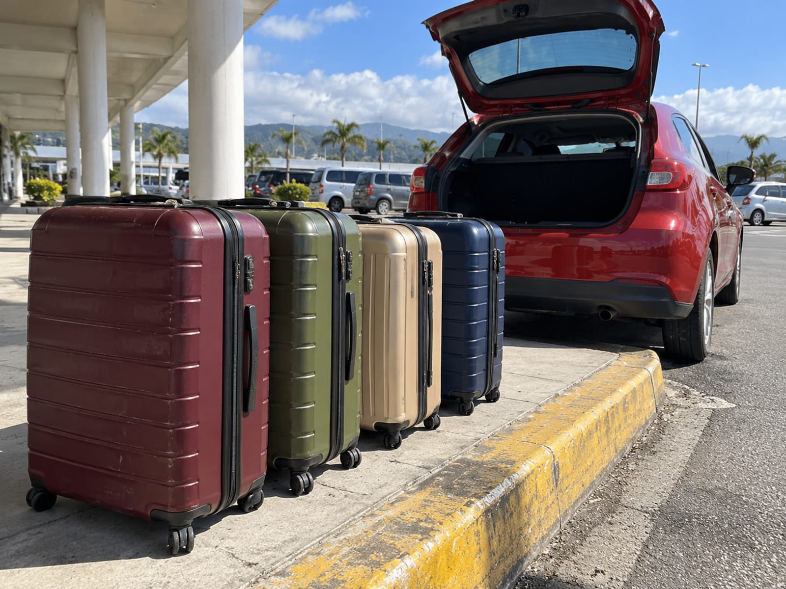 Luggage loaded beside a car at an airport pickup area