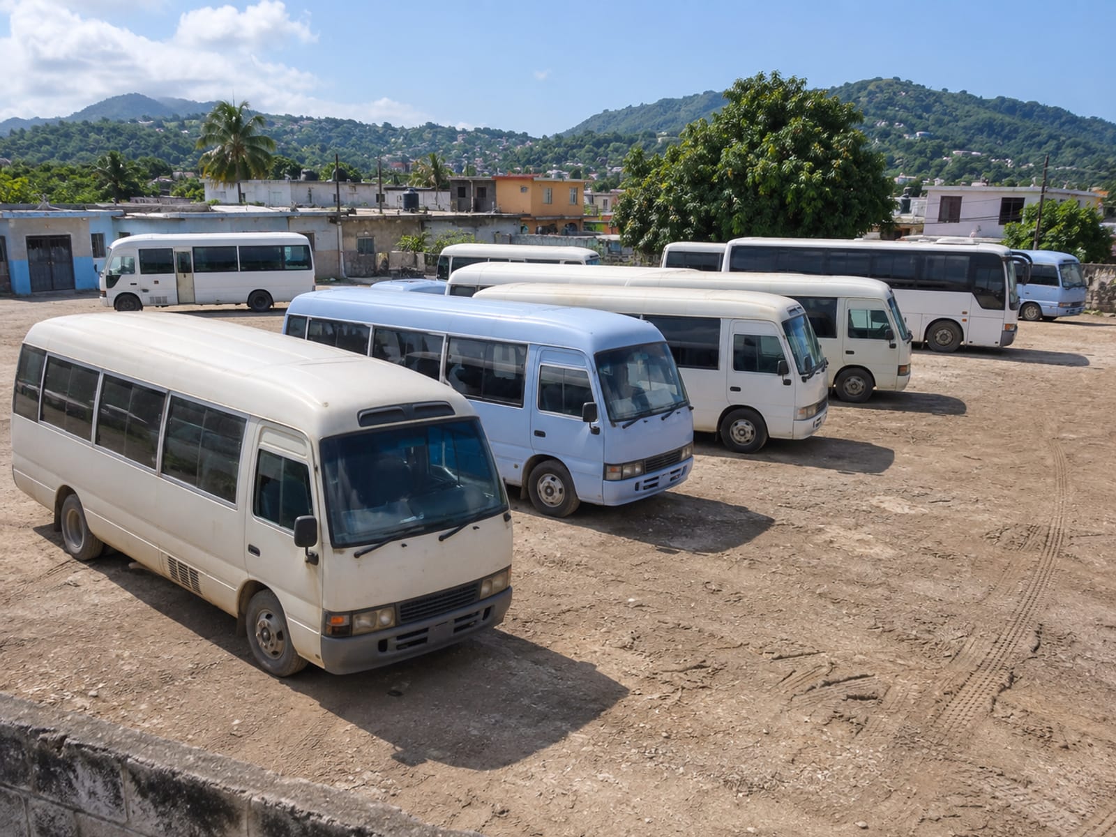 Minibuses and coaster buses parked at a bus park