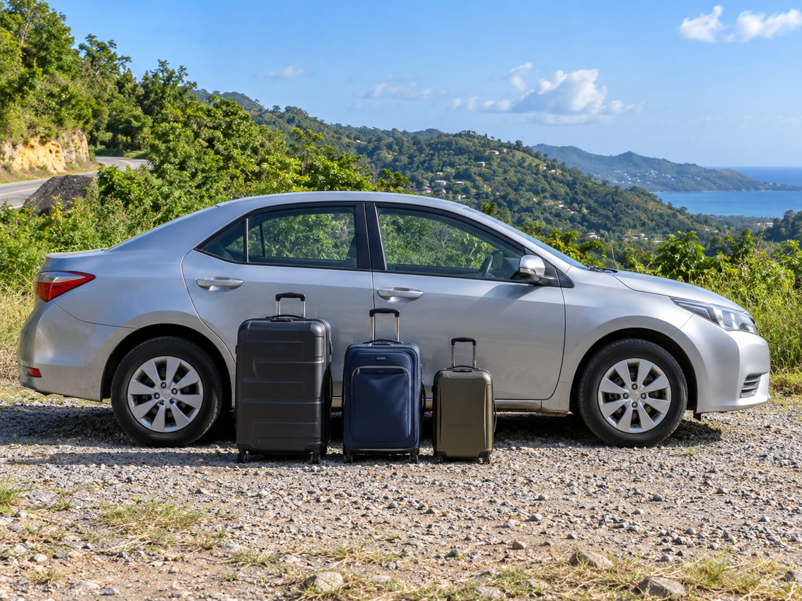 Luggage beside a car ready to be loaded