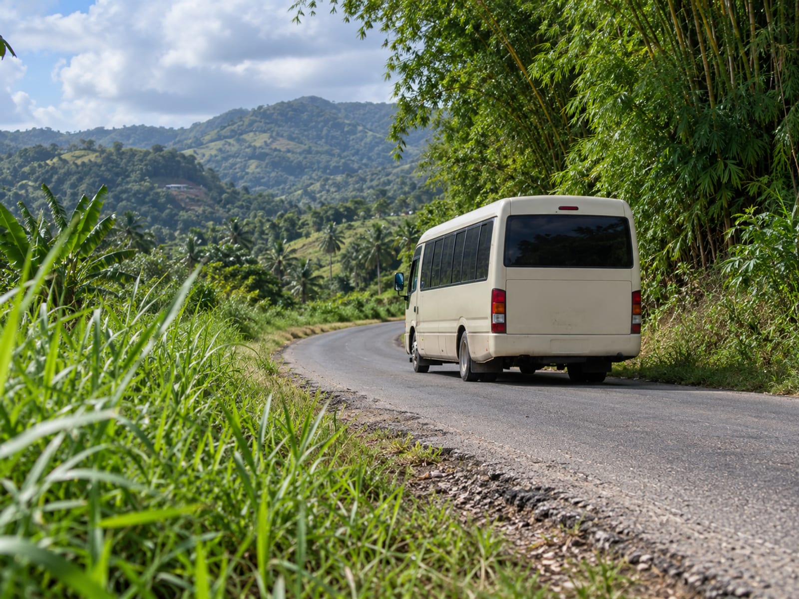 A public bus on a road in rural Jamaica