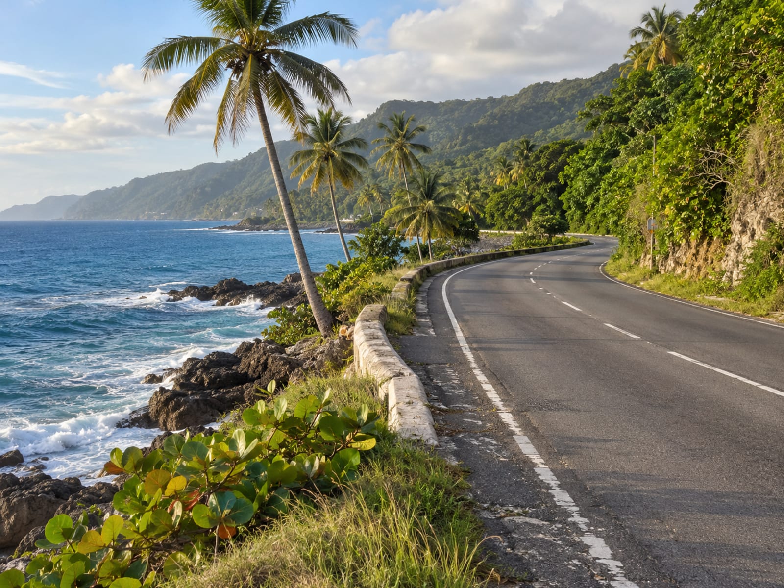 A coastal road in Portland parish with the sea beside it