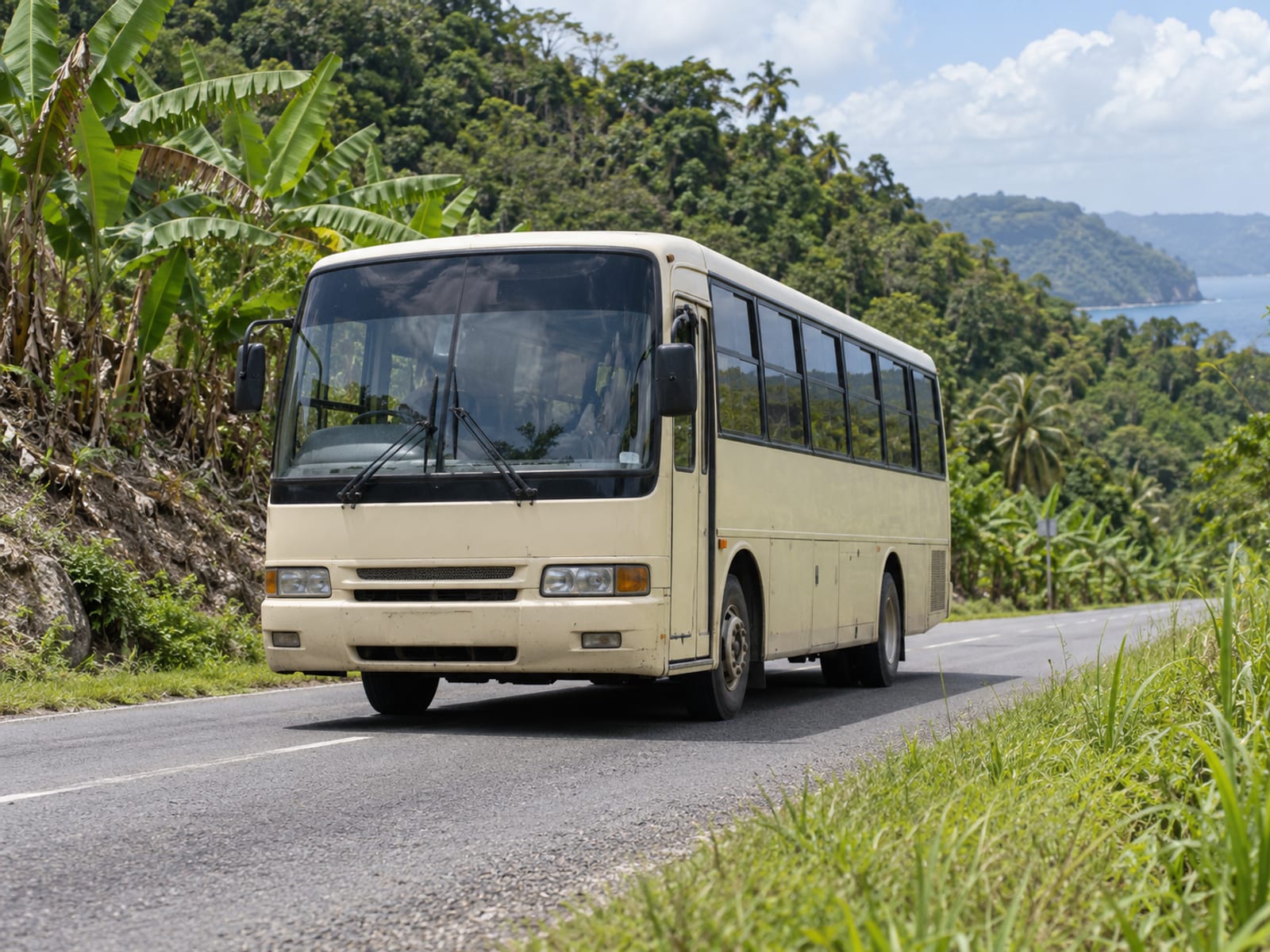 A public bus on a road in rural Jamaica