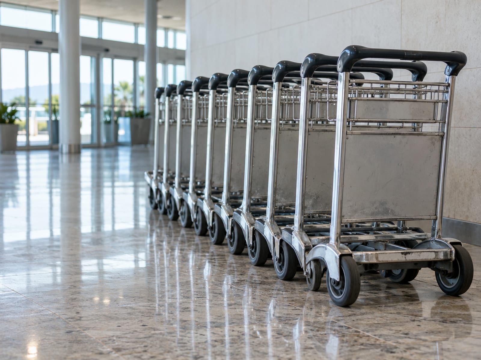 A bright airport arrivals hall with a row of empty luggage trolleys