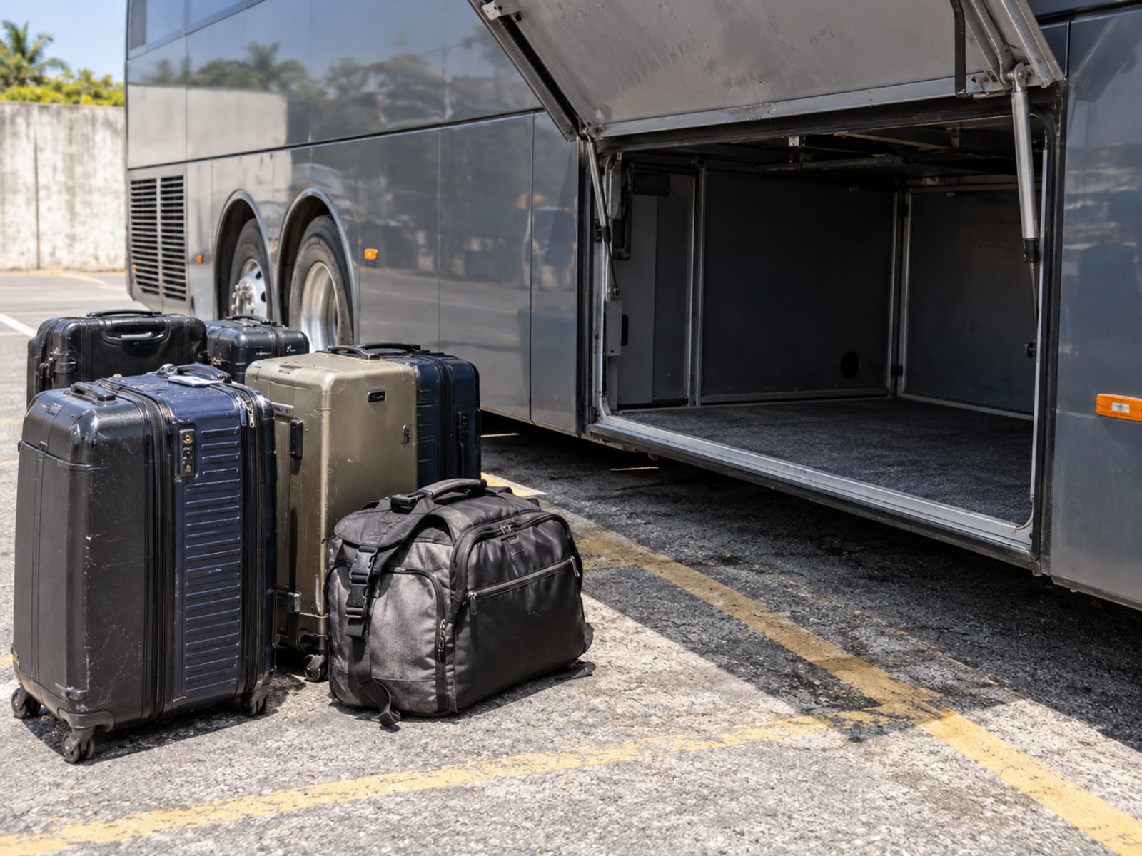 Suitcases stacked beside the luggage hold of a coach