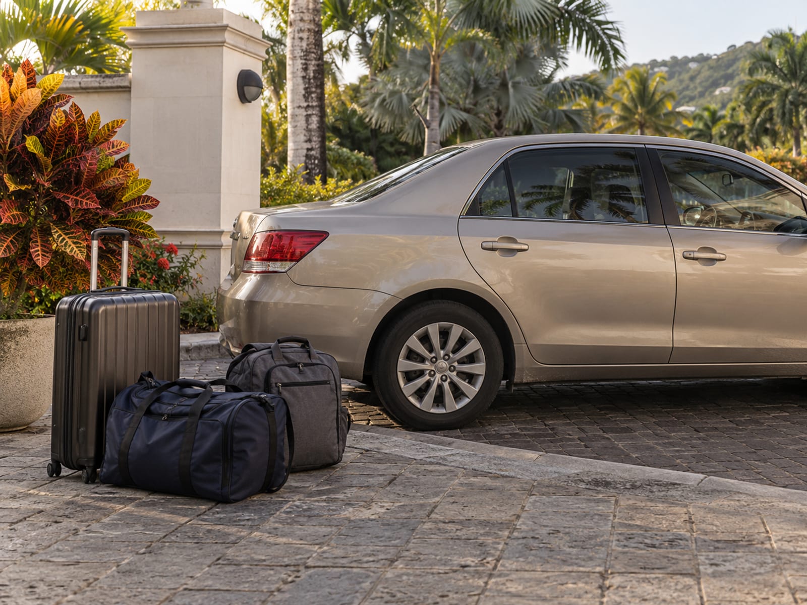 A suitcase and travel bags loaded beside a car at a hotel