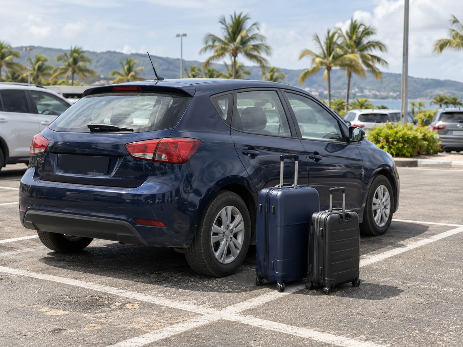 Luggage resting beside a rental car at an airport car park