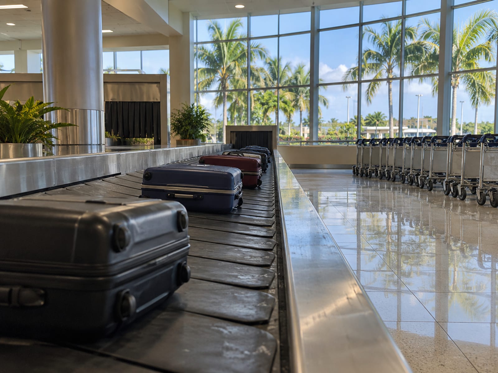 An airport arrivals hall with travellers collecting luggage