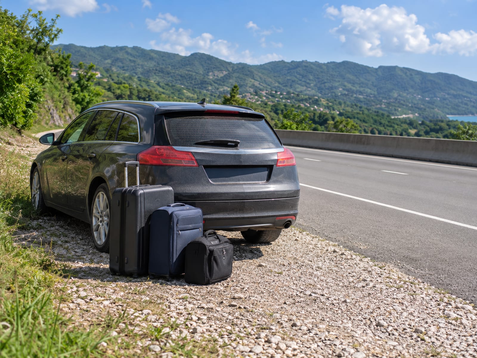 Luggage resting beside a car on a highway shoulder