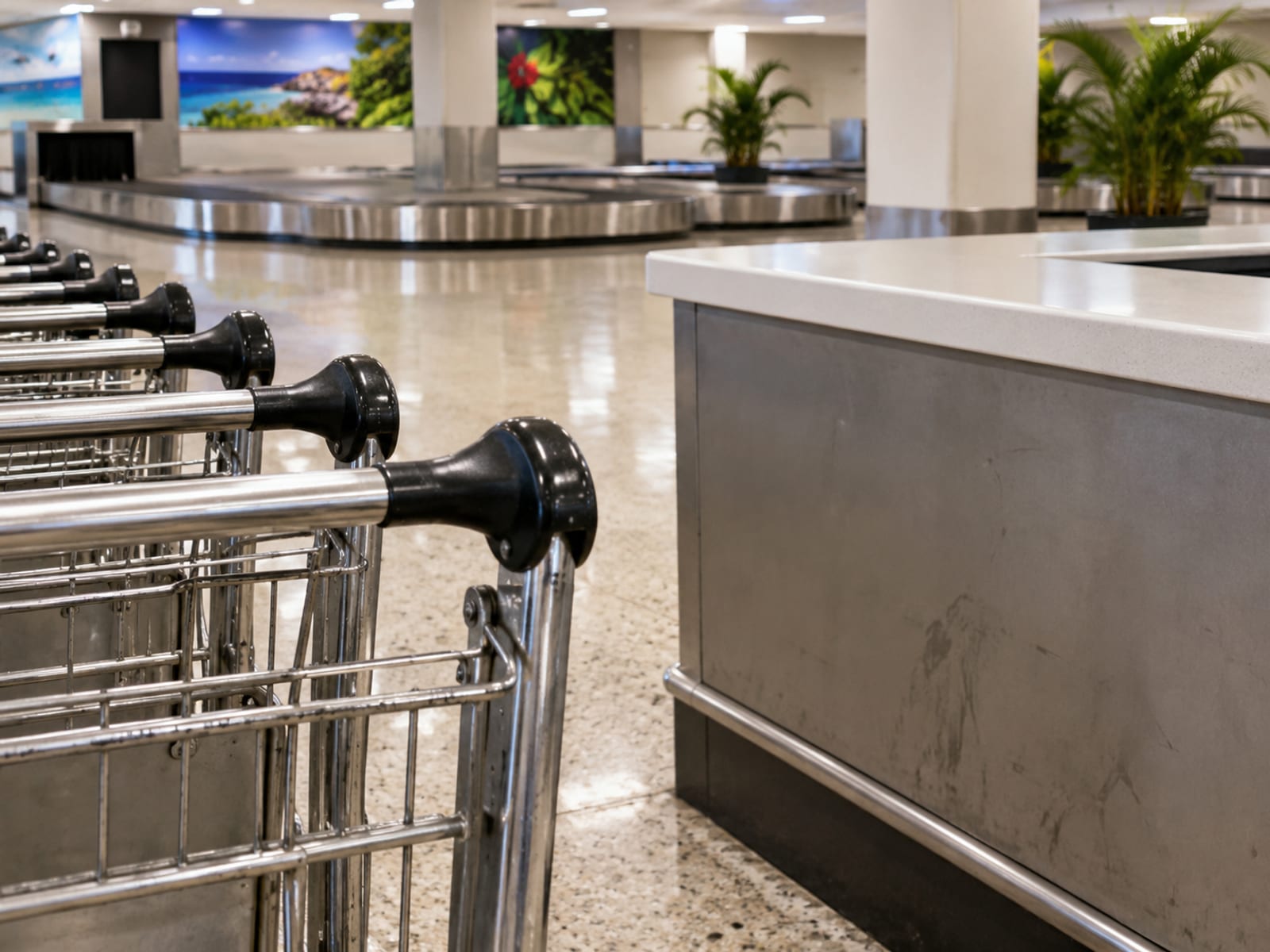 An airport arrivals hall with travellers collecting luggage from a belt