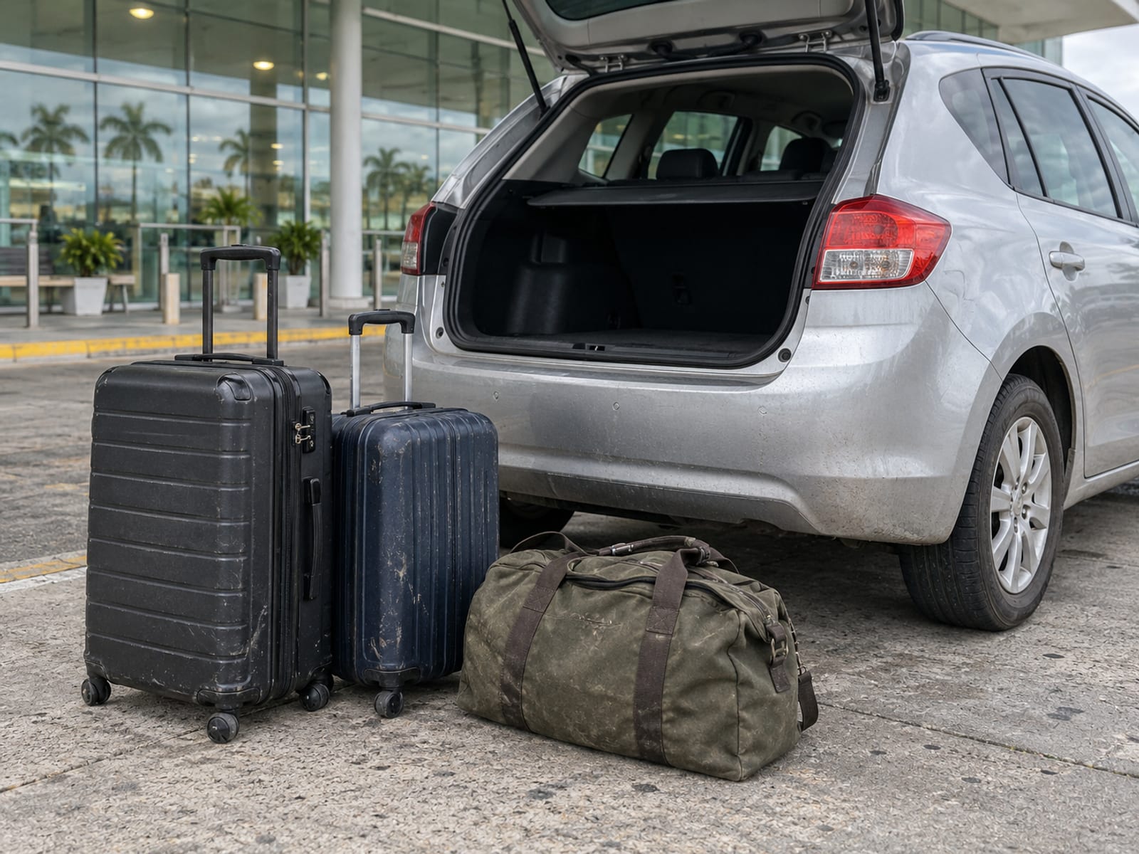 Luggage resting beside a car outside an airport terminal building