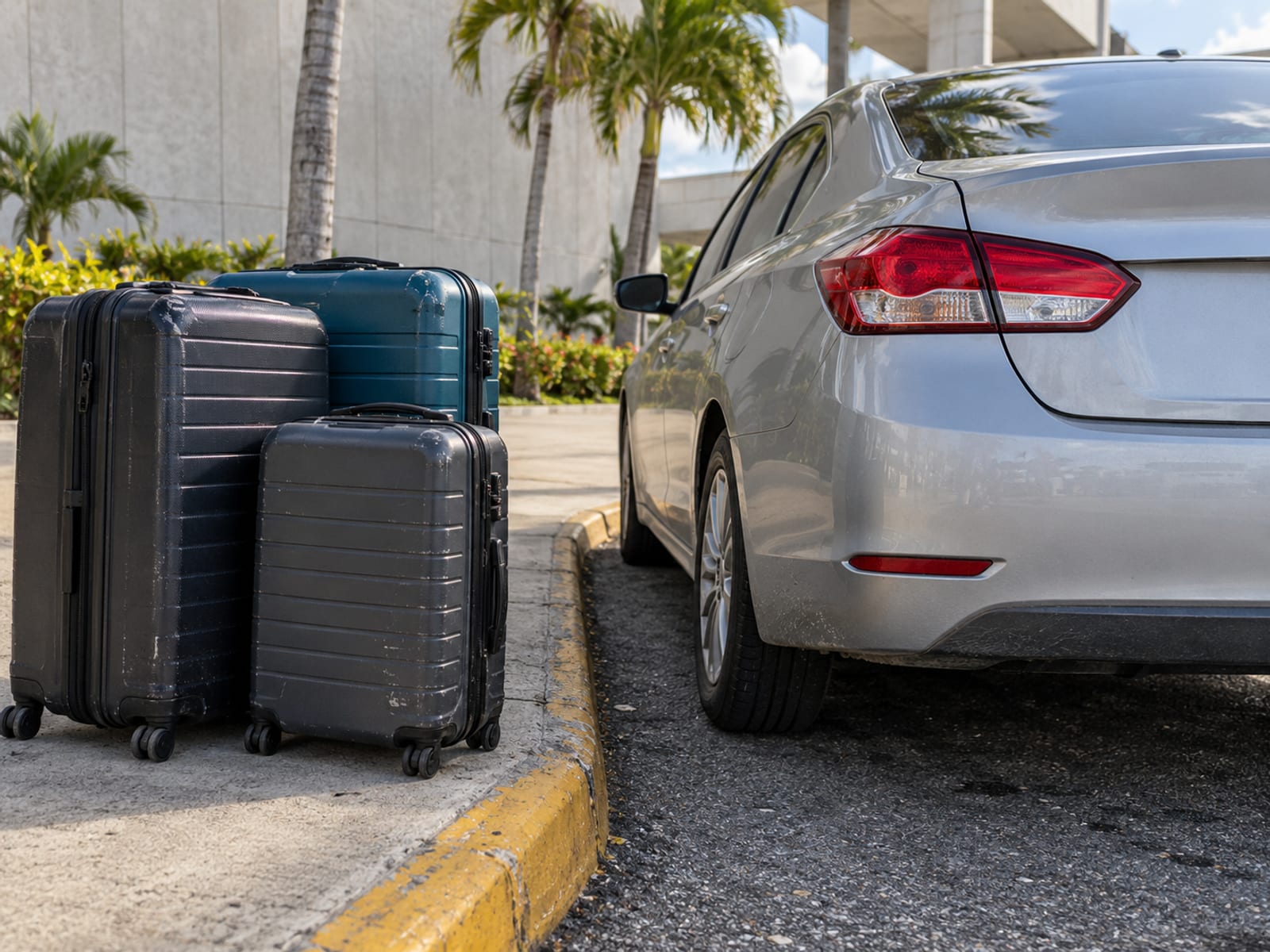 Luggage resting beside a car at a pickup point near an airport