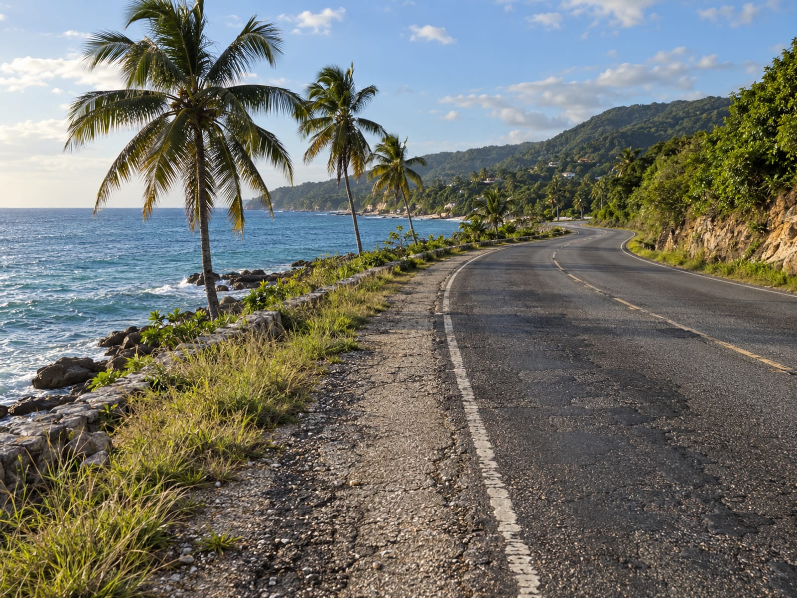 A coastal highway running beside the sea on Jamaica’s north coast