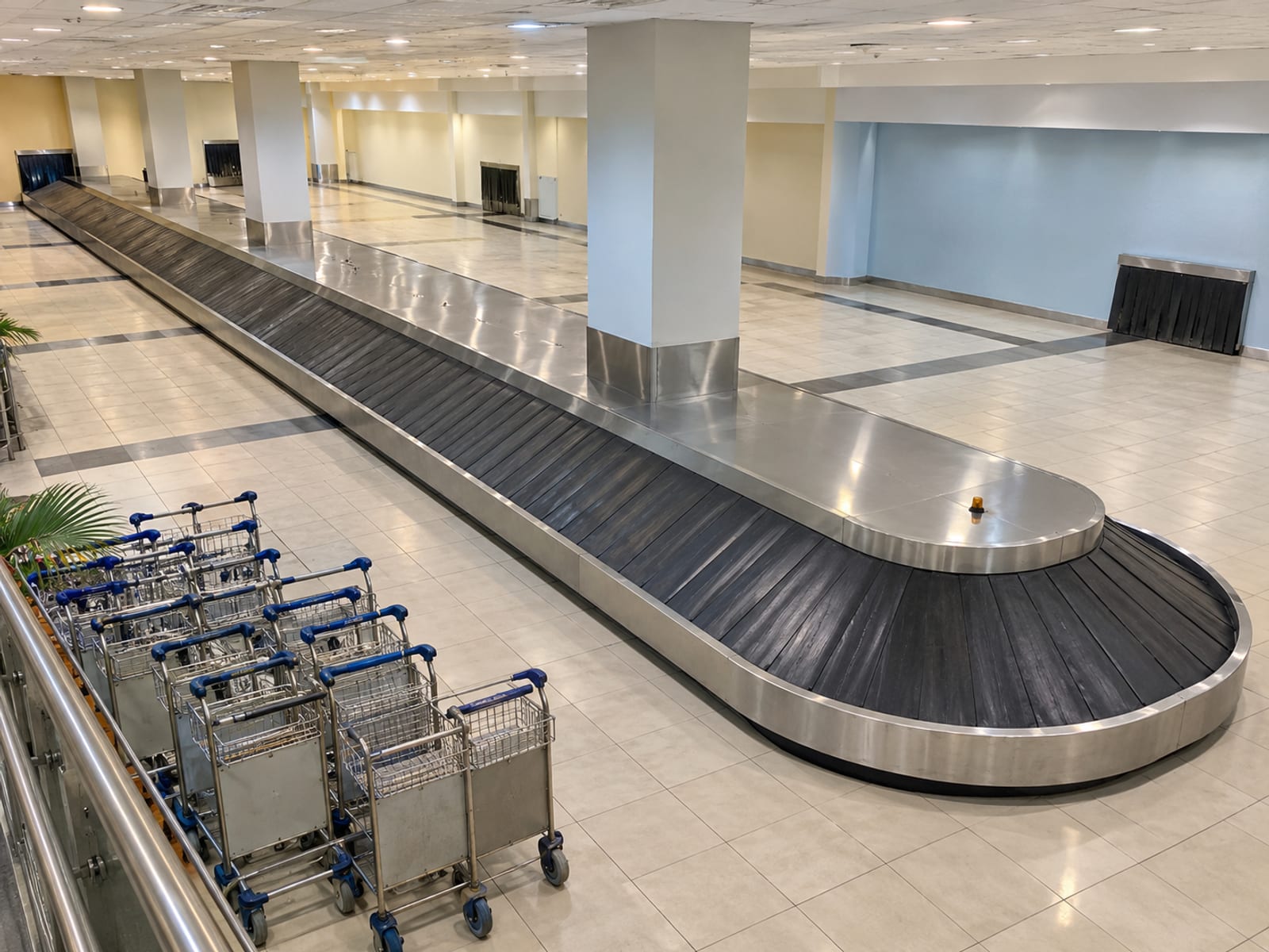 An airport arrivals hall with travellers and luggage trolleys