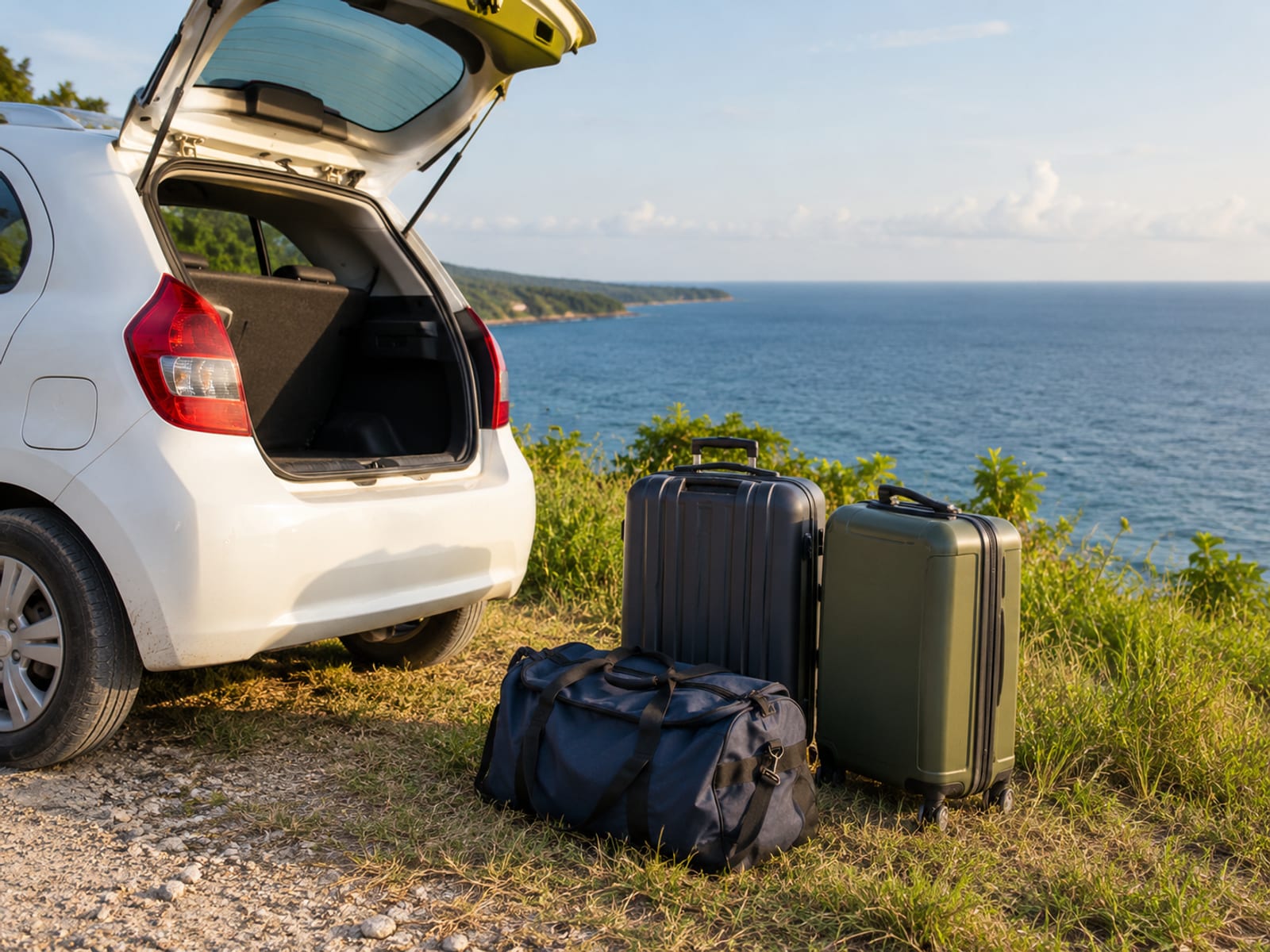 Luggage resting beside a car parked on a coastal road