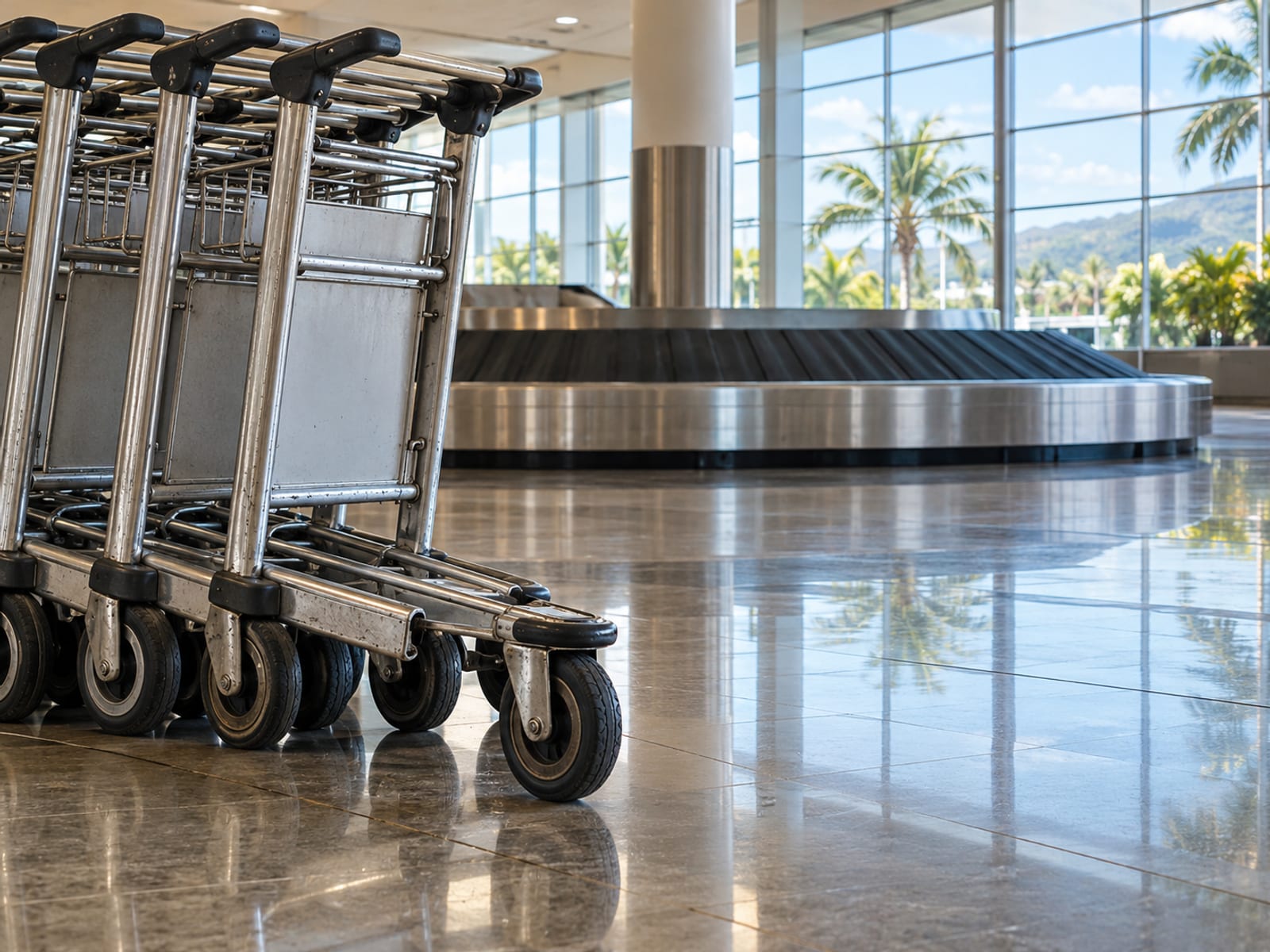 An airport arrivals hall with travellers collecting luggage from a belt