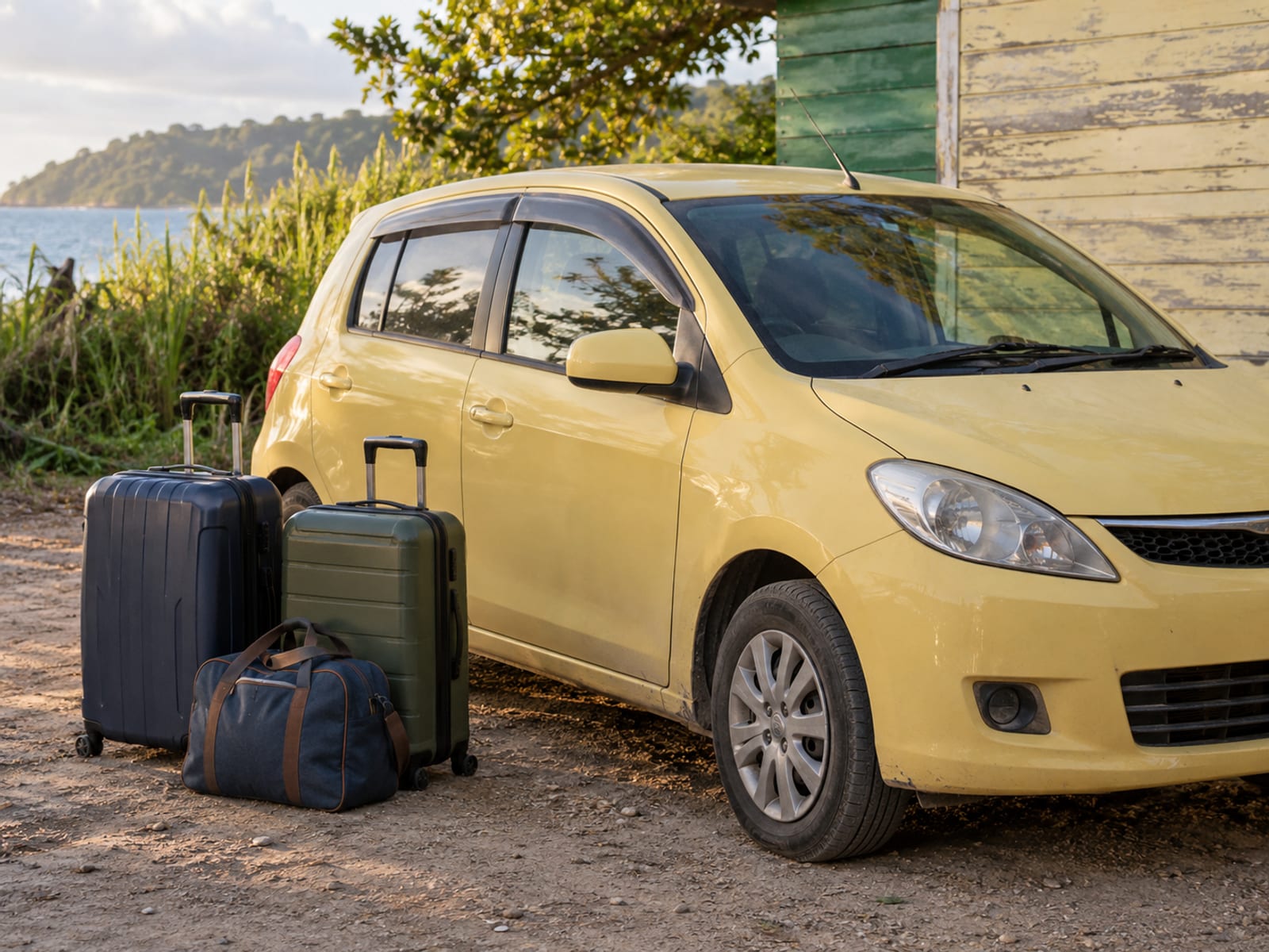 Luggage resting beside a car at a quiet pickup point