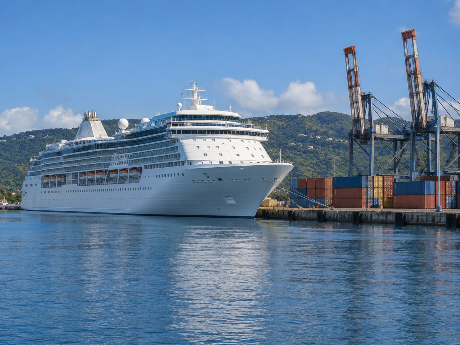 A cruise ship docked at a working port with cranes in the background